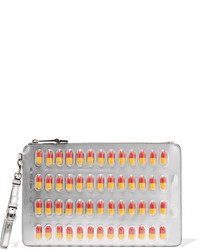 Moschino Embellished Metallic Faux Leather Clutch Silver