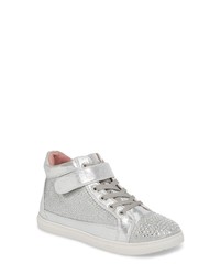 Silver Embellished Leather High Top Sneakers