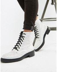 Silver Embellished Leather Lace-up Flat Boots