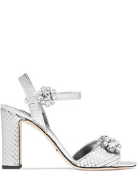 Dolce & Gabbana Bianca Crystal Embellished Metallic Leather Sandals Silver
