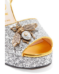 Gucci Embellished Glittered Leather Platform Sandals Silver
