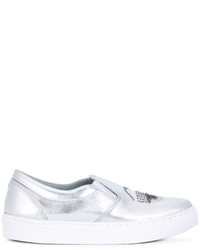 Silver Embellished Leather Slip-on Sneakers