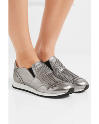 Tod's Embellished Fringed Metallic Leather Slip On Sneakers Silver