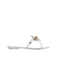 Silver Embellished Leather Thong Sandals