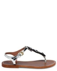 Marni Crystal Embellished Metallic Leather Thong Sandals