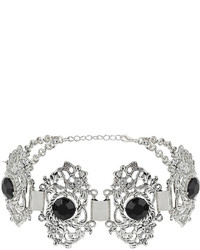 Topshop Freedom At 100% Metal Antique Silver Look Filigree Section Choker With Black Opaque Stone Unfastened Length 12 Inches With 3 Inch Extension Chain