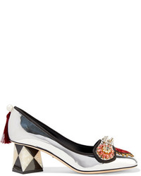 Dolce & Gabbana Embellished Appliqud Mirrored Leather Pumps Silver