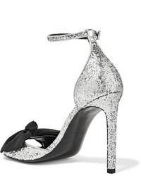 Saint Laurent Jane Bow Embellished Glittered Satin Sandals Silver