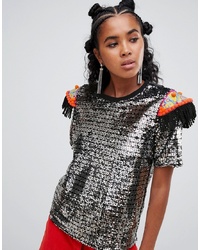 RAGYARD T Shirt In Sequin With Beaded Patches