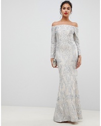 Bariano Embellished Patterned Sequin Off Shoulder Maxi Dress In Silvernude