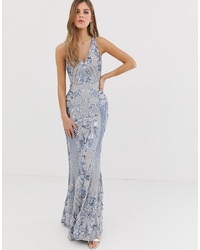 Bariano Embellished Patterned Sequin Py Back Maxi Dress In Silver