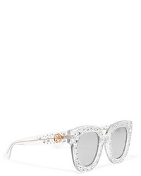 Gucci Crystal Embellished Cat Eye Acetate Mirrored Sunglasses Silver