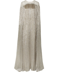 Oscar de la Renta Cape Effect Fringed Embellished Tulle And Lam Gown