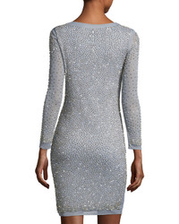 Marina Bead Embellished Long Sleeve Sheath Dress Silver