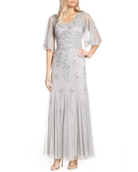 Silver Embroidered Chiffon Evening Dress