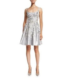 Marchesa Embroidered Sleeveless Scoop Neck Cocktail Dress Silver