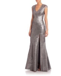 Theia Cap Sleeve V Neck Gown