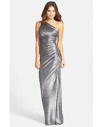 Laundry by Shelli Segal Embellished Metallic Foil One Shoulder Gown