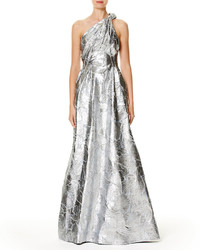 Carolina Herrera Metallic Jacquard One Shoulder Gown Blue Metallic