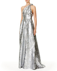 Carolina Herrera Metallic Jacquard One Shoulder Gown Blue Metallic