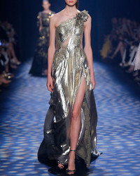 Marchesa One Shoulder Grecian Gown W Floral Appliqu Gold