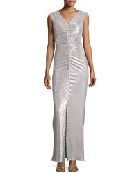 Laundry by Shelli Segal V Neck Ruched Metallic Gown Chrome