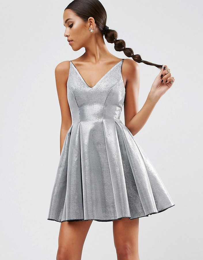 silver fit and flare dress