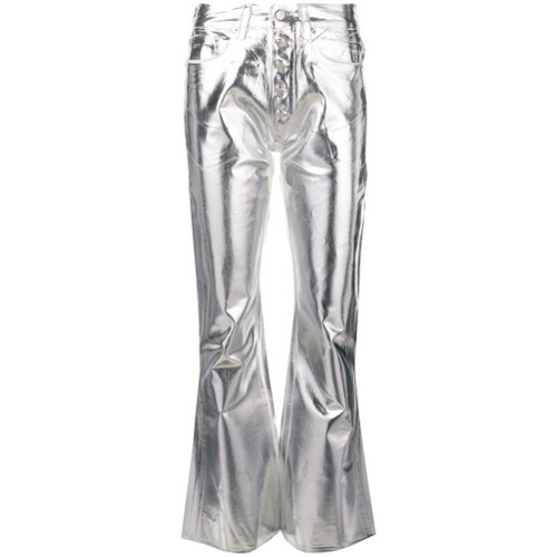 silver metallic flare pants