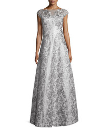Kay Unger New York Cap Sleeve Floral Metallic Ball Gown Silver