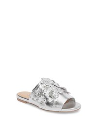 Silver Floral Leather Flat Sandals