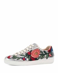 Silver Floral Leather Low Top Sneakers
