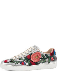 Gucci New Ace Floral Leather Sneaker Silver