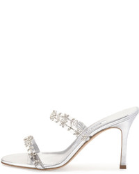 Manolo Blahnik Diora Floral Crystal Slide Sandal Silver