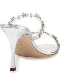 Manolo Blahnik Diora Floral Crystal Slide Sandal Silver