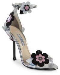Prada Floral Embroidered Metallic Leather Ankle Strap Sandals