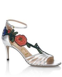 Gucci Ophelia Floral Embroidered Metallic Leather Sandals
