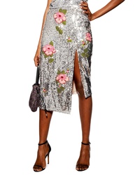 Silver Floral Sequin Midi Skirt