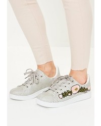 Missguided Grey Floral Embroided Lace Up Sneakers