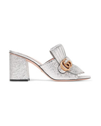 Gucci Marmont Fringed Metallic Cracked Leather Mules