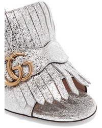 Gucci Marmont Fringed Logo Embellished Metallic Cracked Leather Mules Silver