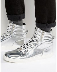 Asos High Top Sneakers In Silver Metallic With Zips