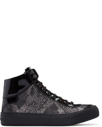 Jimmy Choo Silver Black Lam Argyle High Top Sneakers