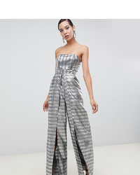 Asos Tall Asos Design Tall Structured Bandeau Jumpsuit Wih Split Leg In Silver Jacquard