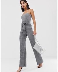 PrettyLittleThing Glitter Bandeau Wide Leg Jumpsuit With In Silver