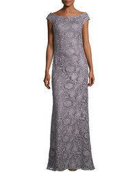 La Femme Bateau Neck Cap Sleeve Lace Evening Gown