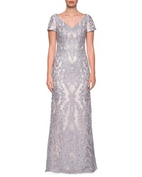 La Femme Embroidered Lace Column Dress