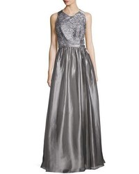 Theia Sleeveless Jewel Neck Metallic Gown Silver