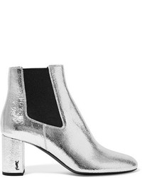 Saint Laurent Loulou Metallic Textured Leather Ankle Boots Silver