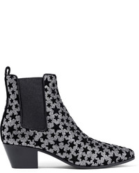 Saint Laurent Rock Flocked Glittered Leather Ankle Boots Silver