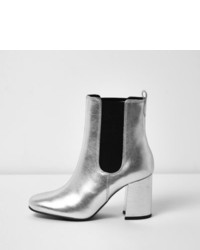 River Island Silver Leather Block Heel Ankle Boots